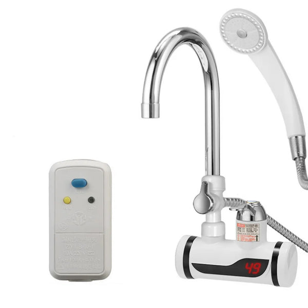 Instant Electric Heating Water Faucet with Shower showing faucet, remote control, and shower head for on-demand hot water.