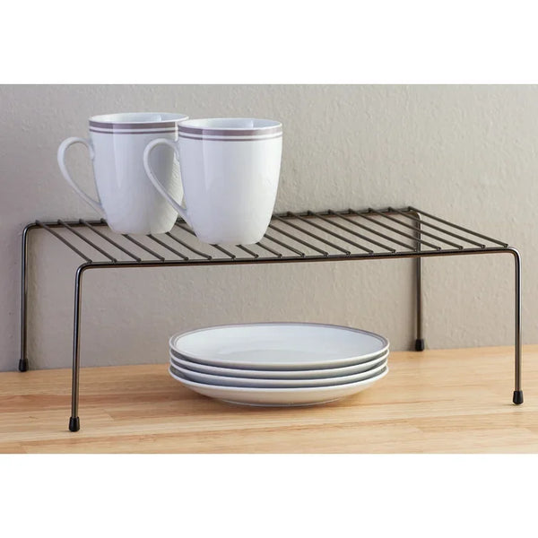 Single Layer Kitchen Metal Shelf Organizer with coffee mugs and plates, perfect for kitchen organization.