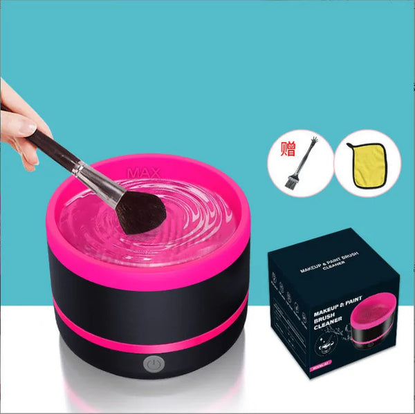 Electric Makeup Brush Cleaner Machine with water swirling while cleaning a makeup brush.