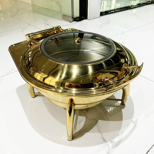 Round Stainless Steel Buffet Chafing Dish in elegant gold finish, ideal for catering and buffet services.