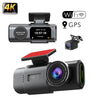 4K Dual UHD Front and Rear Dashcam with WiFi & GPS showcasing its design and features including a display and camera.