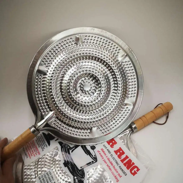 Double-Layer Iron Silver Anti-Hot Heat Diffuser with wooden handle, designed for even heat distribution and safety.