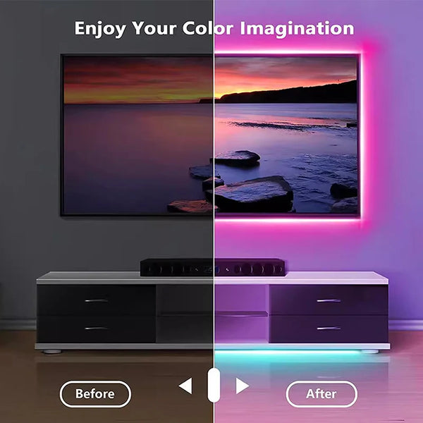 12V SMD 5050 RGB LED Strip illuminating a TV unit with vibrant colors before and after lighting.