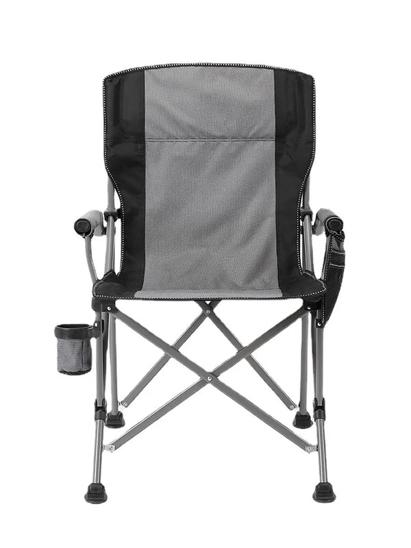 Lightweight Portable Metal Folding Chair in gray and black with cup holder and adjustable straps.