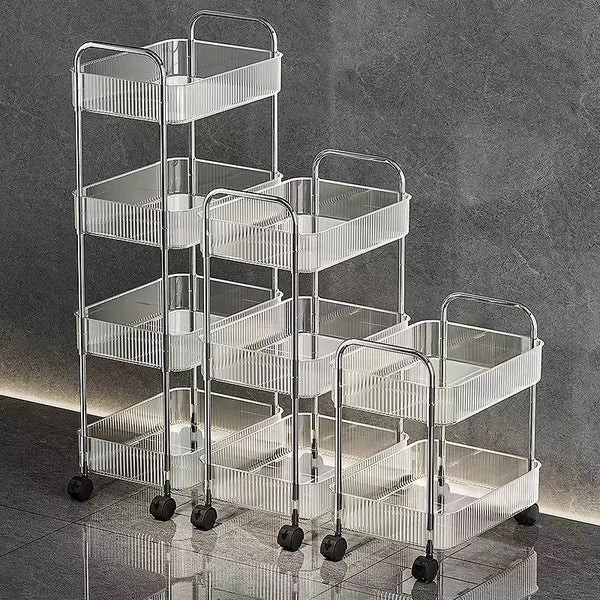 3-Tier Multipurpose Stainless Steel Rolling Organizer Cart in various sizes, ideal for versatile storage solutions.