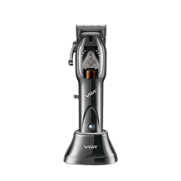 V-653 9000RPM Magnetic Motor Professional Hair Clipper displayed on a stand, showcasing its sleek black design.