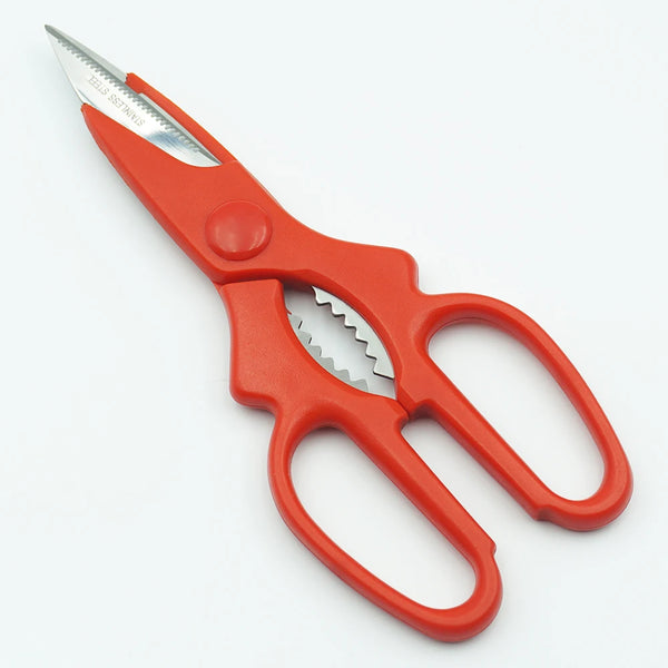 Heavy-Duty Stainless Steel Kitchen Poultry Shears with ergonomic red handles for easy grip and cutting.