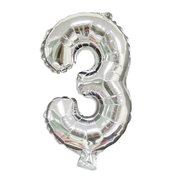 16-Inch Number Aluminum Film Balloon in the shape of number 3, shiny silver finish perfect for events and photos.