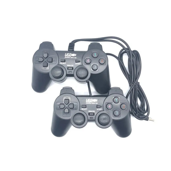 USB Wired Dual-Vibration PC Game Controller - Dual black controllers with wired connections for PC gaming.