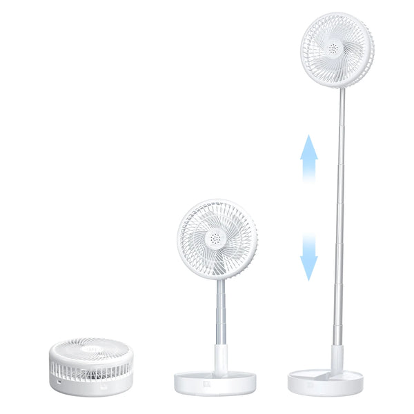 Portable Rechargeable USB Mini Folding Fan shown in three adjustable height positions.
