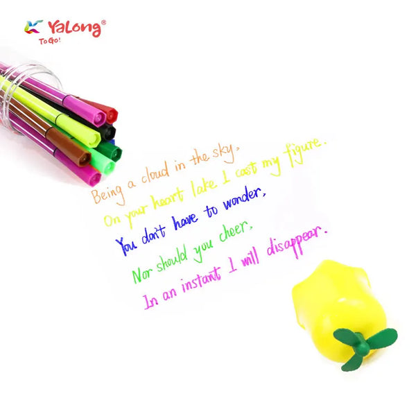 High-Quality Custom Art Glass Jar with vibrant colored pens and a lemon-shaped eraser.