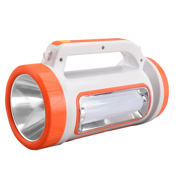 High Lumen USB Rechargeable LED Flashlight in orange and white design, featuring bright LED illumination and ergonomic handle.