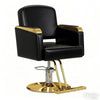 Hydraulic Luxury Salon Chair with black leather upholstery and gold accents, ideal for salons and barbershops.