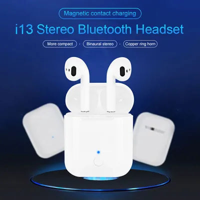 i13 TWS Wireless Bluetooth 5.0 Earbuds with charging case showcasing compact design and wireless connectivity.