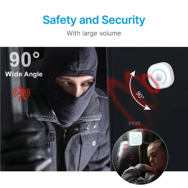 Infrared Motion Sensor with wide angle detection and loud alarm for safety and security.