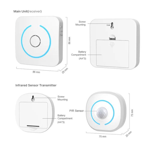 Infrared Motion Sensor components including main unit receiver and infrared sensor transmitter with battery compartments.