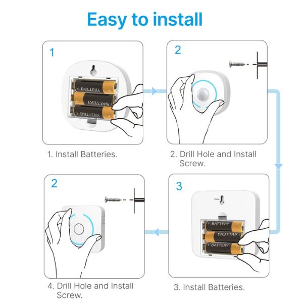 Installation steps for Infrared Motion Sensor with easy battery setup and drill instructions.