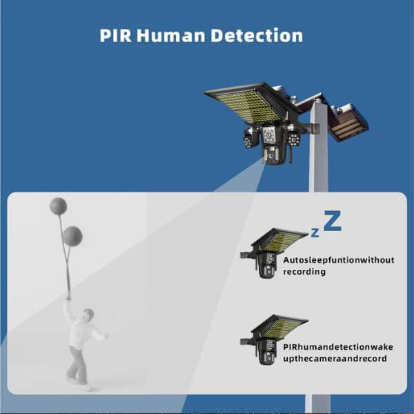 Integrated Solar Street Light with Built-In Security Camera featuring PIR human detection technology.