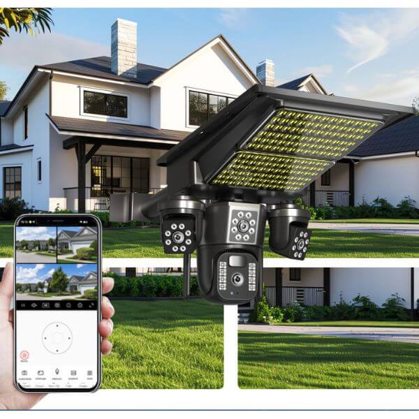 Integrated Solar Street Light with Built-In Security Camera illuminating a home's exterior.
