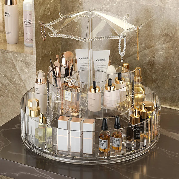 Jewelry Organizer Storage Box Transparent Delicate displaying a variety of beauty products in a stylish, organized manner.
