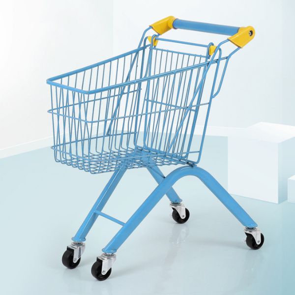 Kids Mini Shopping Cart Toy in blue and yellow color, designed for imaginative play for children aged 3 years and up.