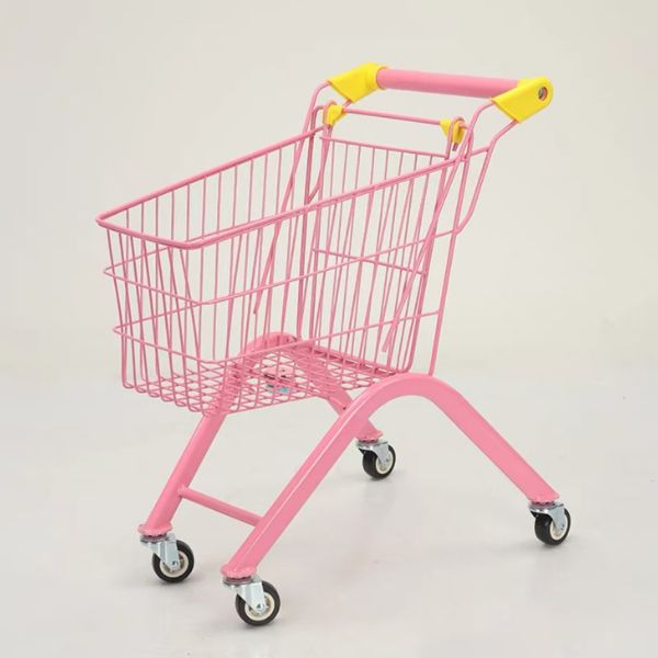 Kids Mini Shopping Cart Toy in vibrant pink with yellow handle, perfect for imaginative play and role-play fun.