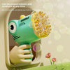 Kids 40-Hole Automatic Dinosaur Bubble Blaster creating bubbles indoors and outdoors, perfect for energetic play.