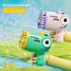 Kids 40-Hole Automatic Dinosaur Bubble Blaster creating a colorful burst of bubbles outdoors.
