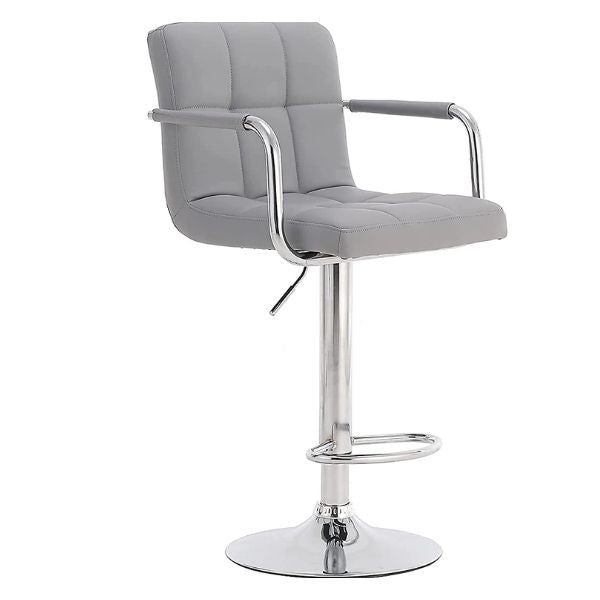 Modern Kitchen Stool with Armrests, adjustable gray bar stool with armrests and chrome base, ideal for contemporary spaces.