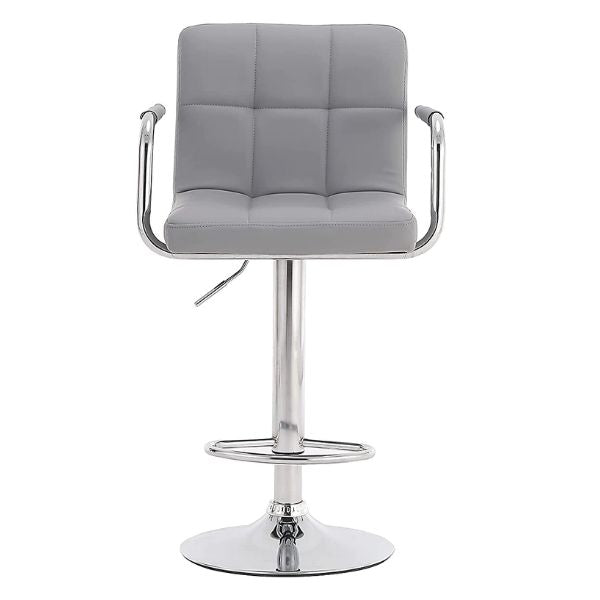 Modern Kitchen Stool with Armrests in gray upholstery and chrome base, featuring adjustable height and stylish armrests.
