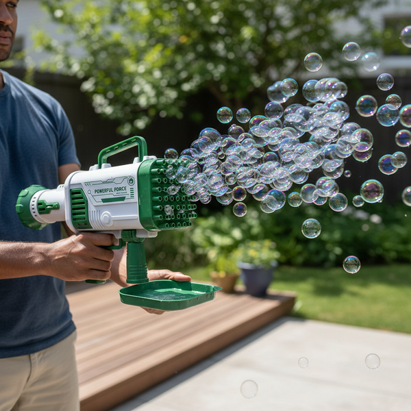 Light-Up Bubble Bazooka Machine Gun producing a stream of bubbles during outdoor playtime with a person holding it.