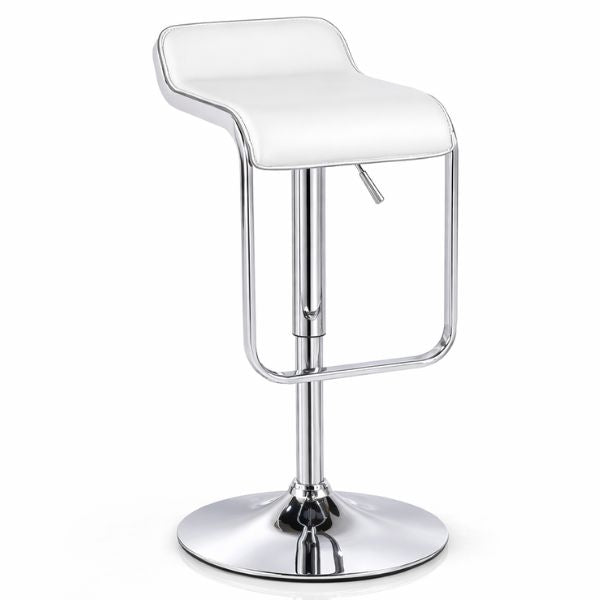Low Back Barstool with Foot Rest featuring white faux leather and chrome pedestal base.