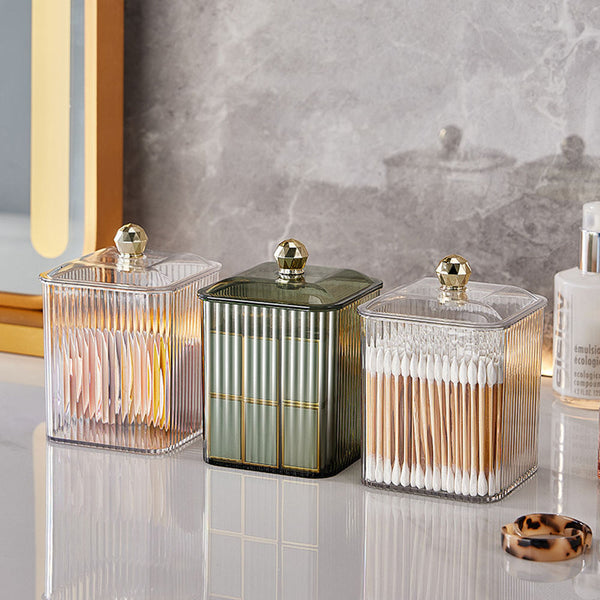 Luxury Transparent Makeup Storage Box with three stylish containers for organizing beauty tools and cotton pads.