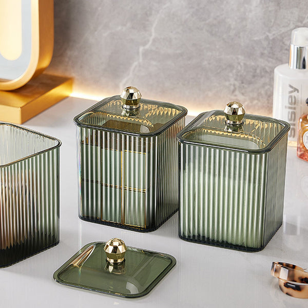 Luxury Transparent Makeup Storage Box in elegant green tone, perfect for organizing beauty essentials.