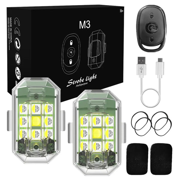 M3 Wireless Remote Control LED Strobe Light including strobe light units, remote, USB cable, and accessories.