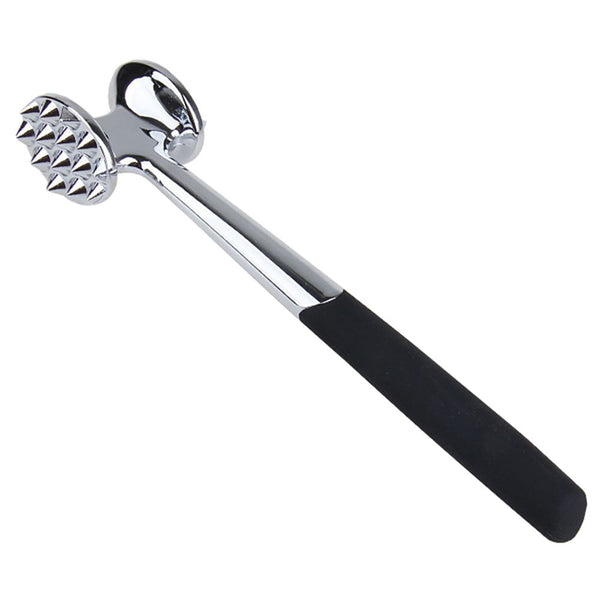 Double-Sided Stainless Steel Meat Tenderiser Hammer with chrome finish and textured handle.