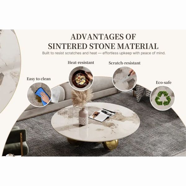 Marble Coffee Table featuring advantages of sintered stone material: heat-resistant, scratch-resistant, easy to clean.
