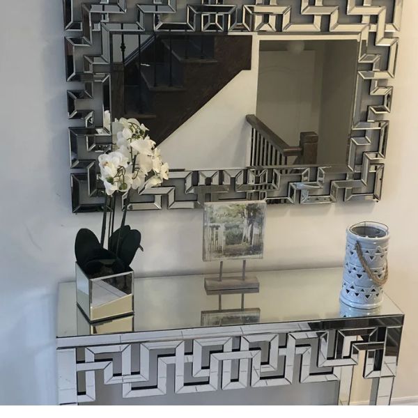 Maze Rectangle Console Table & Mirror Set displayed with stylish decor elements.