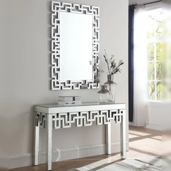 Maze Rectangle Console Table & Mirror Set featuring a sleek design with geometric patterns for modern elegance.