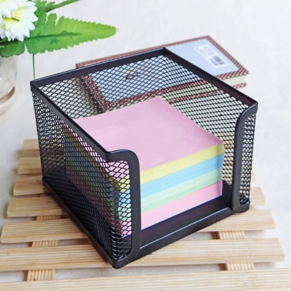 Metal Mesh Desk Organiser with Memo Holder containing colorful sticky notes on a wooden surface.