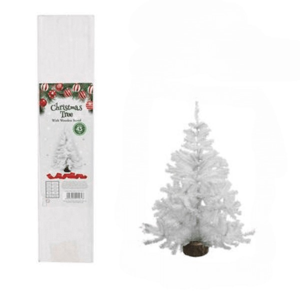 Mini White Christmas Tree with Wooden Stand 45cm beside packaging, perfect for festive holiday decor.