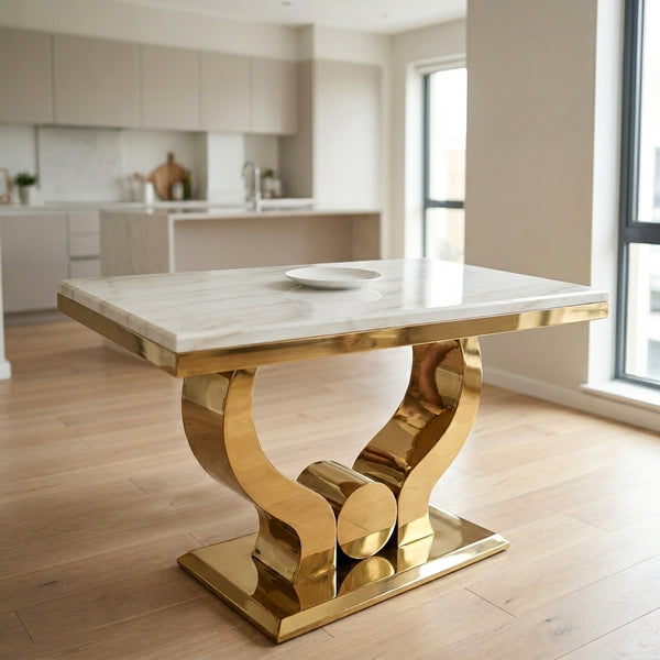 Monaco Gold Console Table 180cm on wooden floor in modern kitchen setting with sleek design and gold finish.