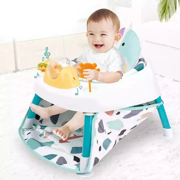 Happy baby sitting in a Multifunctional Baby Safety Feeding Chair, enjoying playtime with toys.