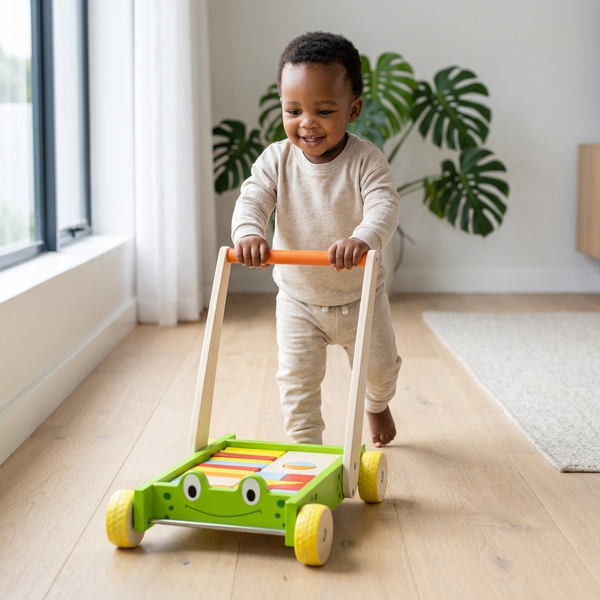 Toddler happily pushing the Natural Educational Toddler Push Cart Toy on wooden floor, promoting balance and confidence.