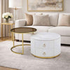 Nesting Coffee Table with Drawers set featuring modern round design and practical storage in a stylish living room.