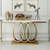Luxury White and Gold Faux Marble Console Table with elegant decor in a stylish entryway.