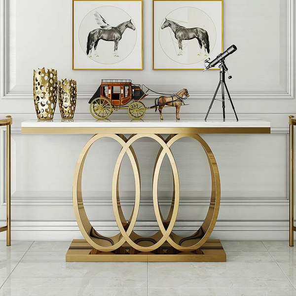 Luxury White and Gold Faux Marble Console Table with elegant decor in a stylish entryway.