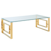 Contemporary Gold Glass Top Coffee Table with a transparent surface and metallic gold frame.