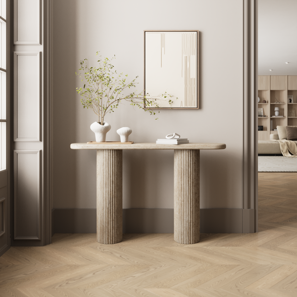 Modern Fluted Pedestal Console Table styled in an inviting entryway with soft textures and organic tones.