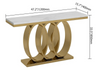 Luxury White and Gold Faux Marble Console Table with gold circular base and measurement details